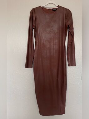 naked wardrobe Brown Faux Leather Long Sleeve Midi Dress